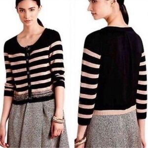 Anthropologie Moth Black & Tan Striped Boxy Cardigan Size S/P, EUC